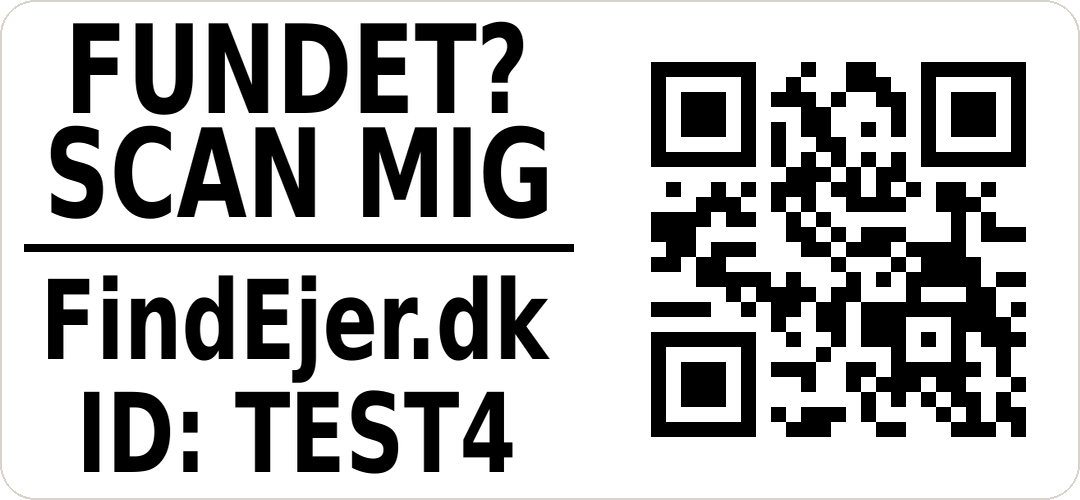FindEjer-mærkat med teksten FUNDET? SCAN MIG, FindEjer.dk og ID: TEST4 samt en QR-kode.