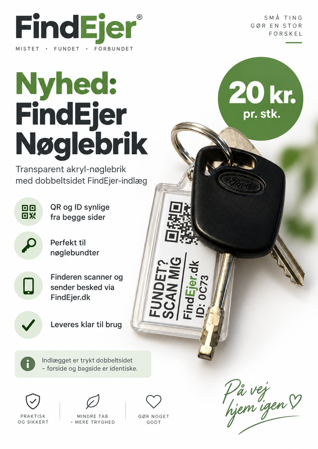 FindEjer Nøglebrik med nøgler, QR-kode og pris 20 kr.